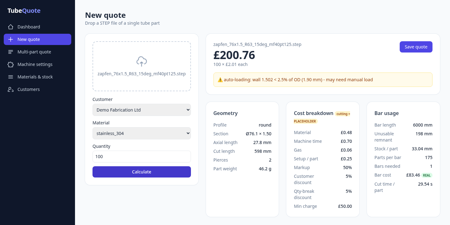 TubeQuote showing a priced quote for a demo tube part